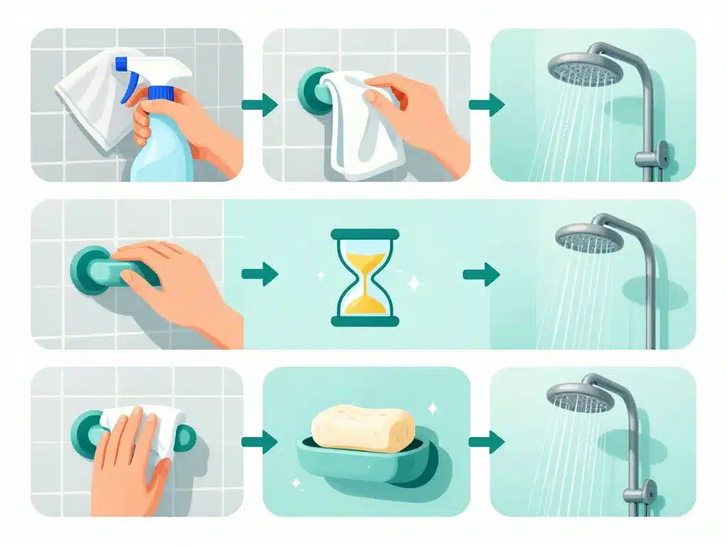 Schéma des étapes d’installation d’un porte-savon douche sans perçage