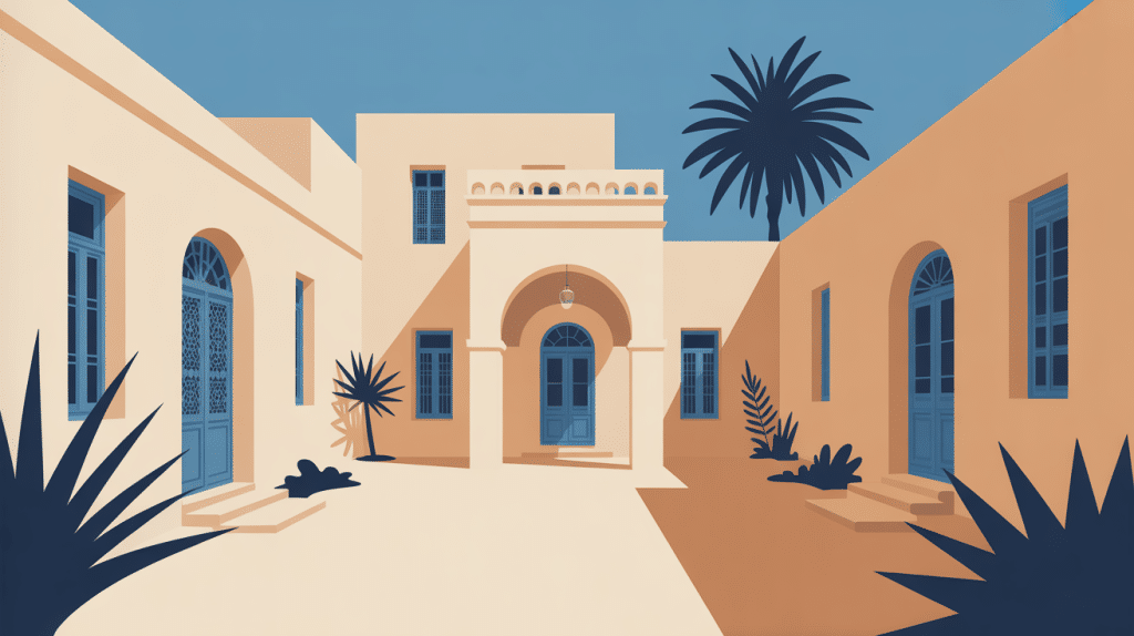 Illustration maison tunisienne avec cour, arcs et volets bleus