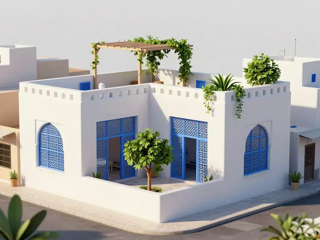 Vue 3D stylisée maison tunisienne moderne avec brise-soleil et terrasse
