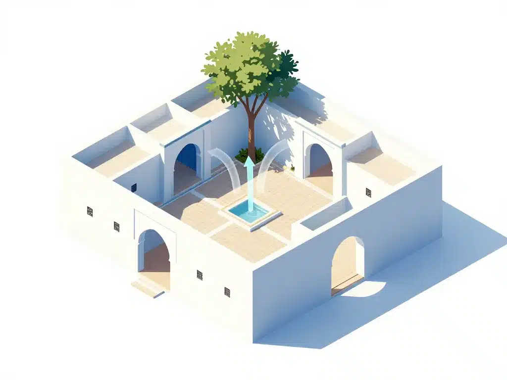 Schéma maison tunisienne traditionnelle avec patio, murs épais et ventilation