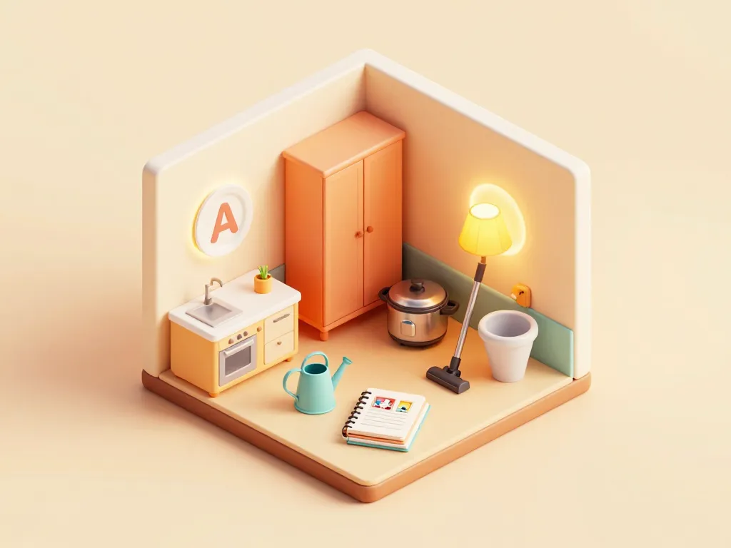 Coupe isométrique maison avec objet en a faciles à repérer