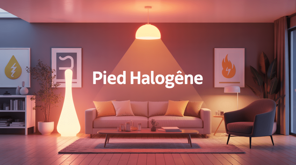 pied halogene dans salon, guide led et securite