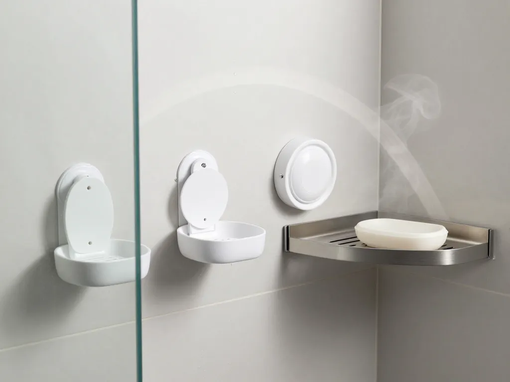 porte-savon pour douche avec ventouse, adhésif, vis et étagère d’angle