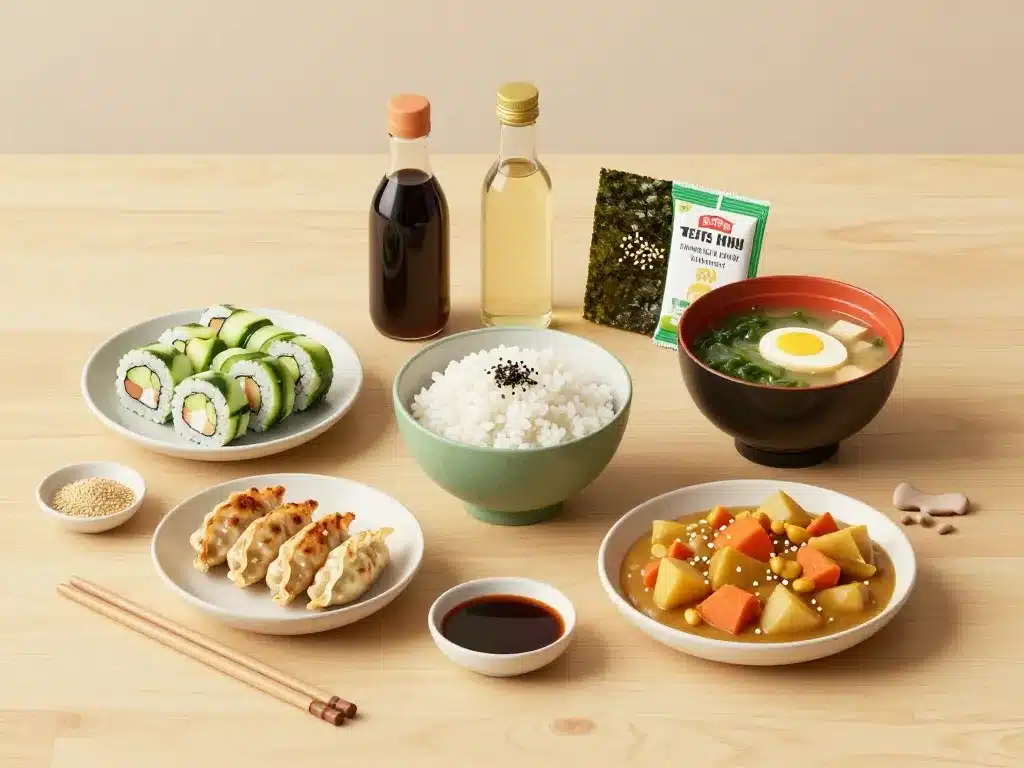 japonais maison facile : makis concombre avocat, gyozas, soupe miso, donburi, curry