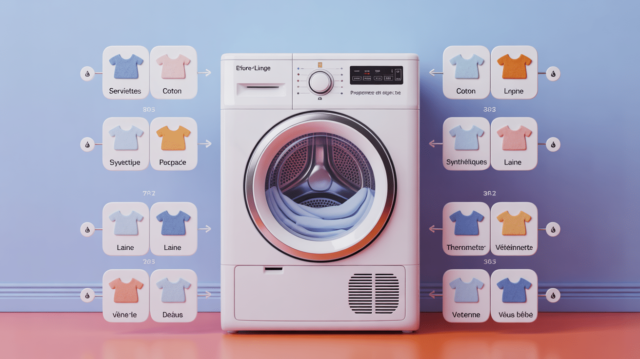 seche linge programme avec sélecteur et icônes textiles