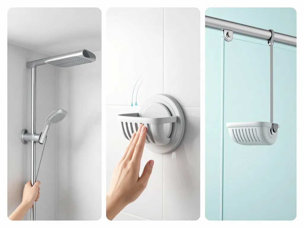 Serviteur de douche : méthodes télescopique, adhésive et à suspendre