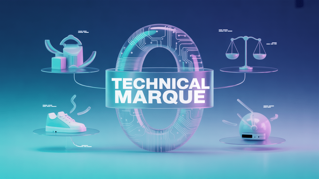Illustration technical marque : bouclier, icônes techniques et justice