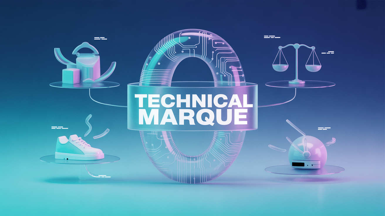Illustration technical marque : bouclier, icônes techniques et justice