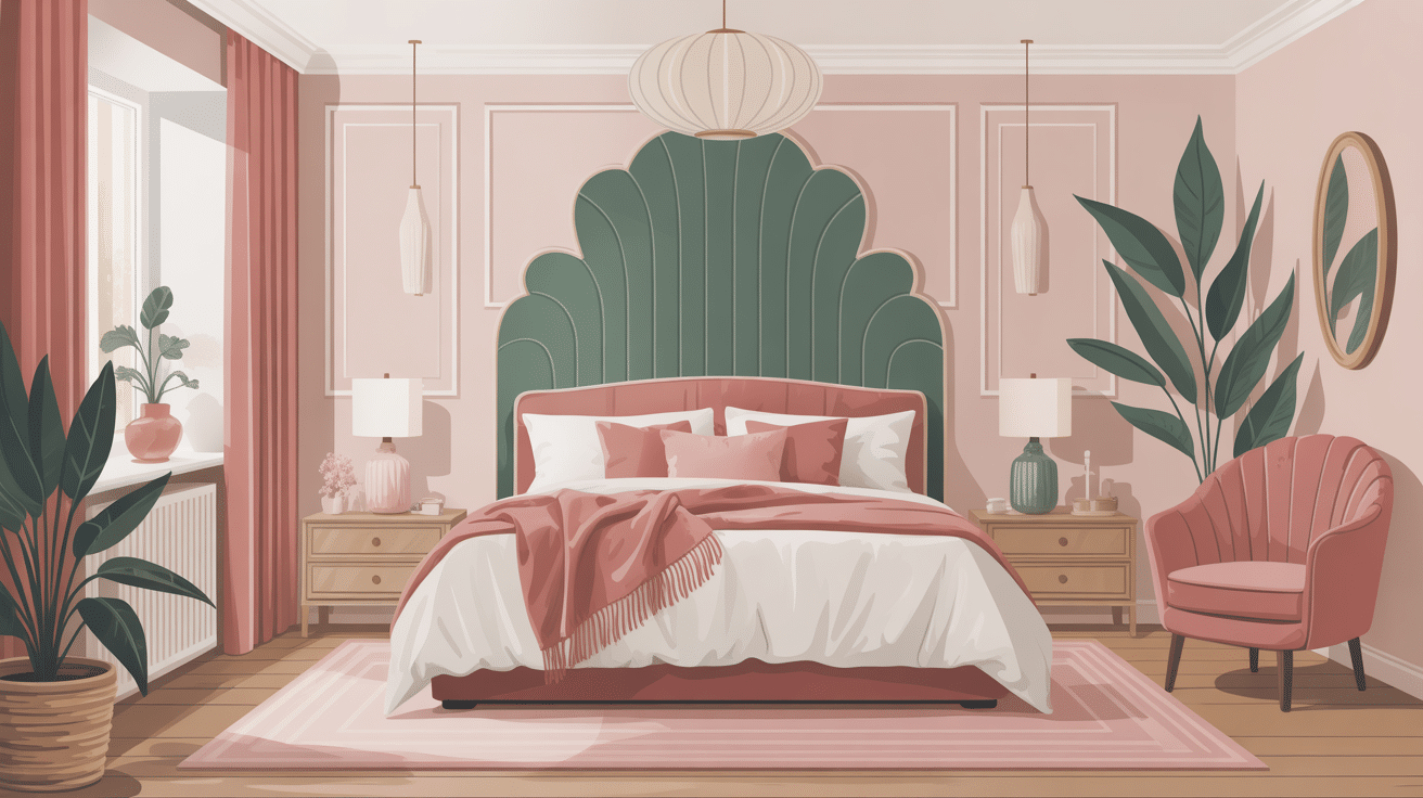 chambre vert sauge et rose illustration déco élégante
