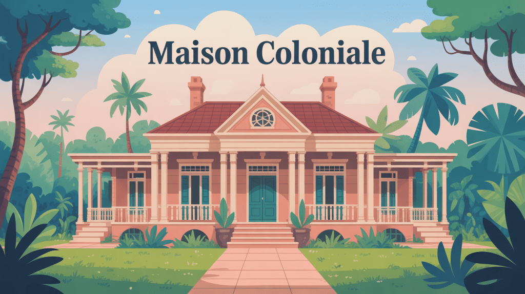 maison colonial élégante avec colonnes galerie et végétation