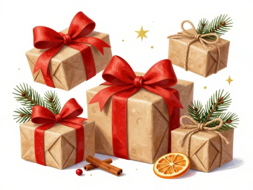 Paquets cadeaux avec noeud noel créatifs et décorations