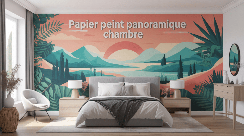 Illustration chambre moderne avec papier peint panoramique tendance