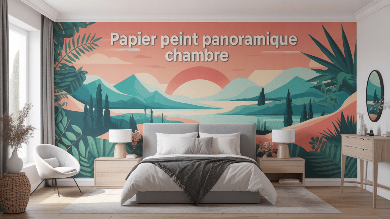 Illustration chambre moderne avec papier peint panoramique tendance