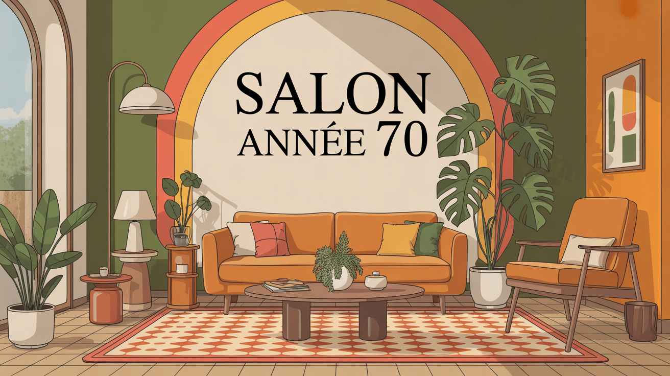 Ambiance rétro d’un salon année 70 avec mobilier vintage