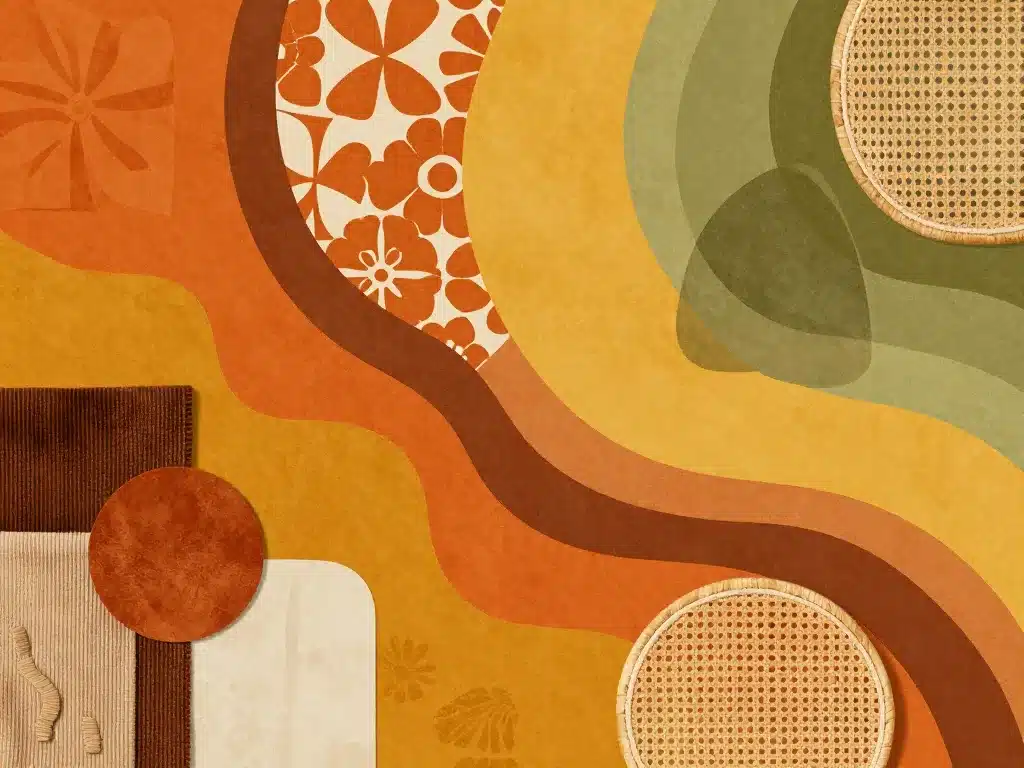 Palette couleurs et motifs salon année 70 déco seventies