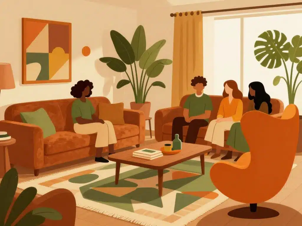 Salon année 70 authentique et convivial avec discu et mobilier rétro