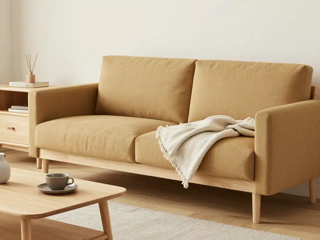 Salon kaki moderne avec canapé bois et textiles naturels