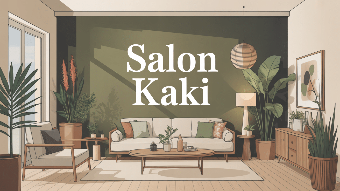 Salon kaki avec déco moderne et lumière naturelle