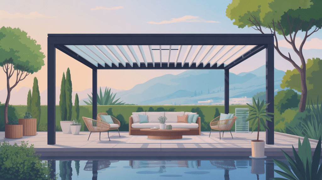 toit pergola bioclimatique sur terrasse contemporaine