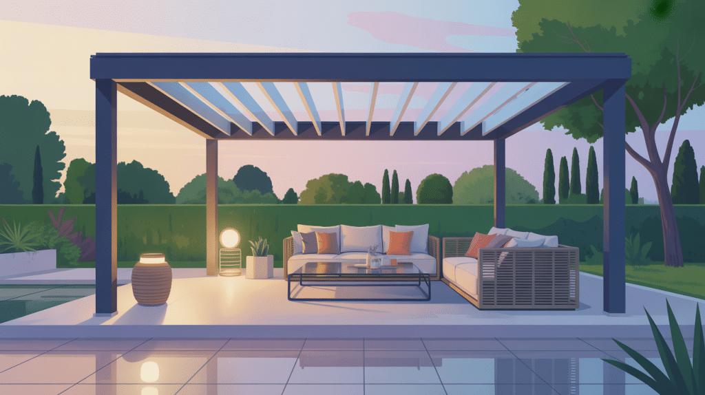 illustration toiture pergola bioclimatique sur terrasse design